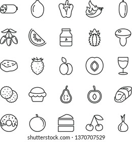 thin line vector icon set - sausage vector, mushroom, cake, piece of, glazed with a hole, meat, peper, sushi, glass, jar jam, apple, biscuit, cherry, plum, tasty raspberry, slice water melon, half