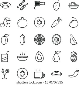 thin line vector icon set - vector e, stick of sausage, noodles, pie, hot porridge, a plate fruit, milk, meat on skewers, garlic, carrot, cup tea, cocktail, cherry, half apricot, pomegranate, plum