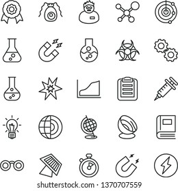 thin line vector icon set - flask vector, molecule, glasses, bulb, gears, bactery, book, biohazard, globe, magnet, scientist, clipboard, growth graph, radar, earth core, medal, sun panel, syringe
