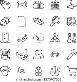 thin line vector icon set - women vector, cradle, motor vehicle, plastic fork spoons, baby toy train, small yule, sewerage, map, right bottom arrow, sushi, japanese, blueberries, mint, banana, file