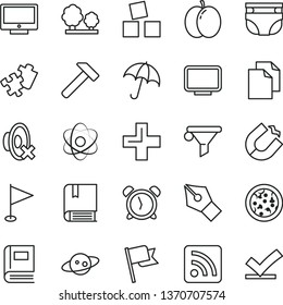 thin line vector icon set - alarm clock vector, clean paper, plus, silent mode, rss feed, pennant, nappy, cubes for children, Puzzle, e, hammer, umbrella, flag, screen, pizza, apple, trees, monitor