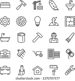 thin line vector icon set - paint roller vector, tower crane, dwelling, cogwheel, building trolley, hand saw, plastic brush, portfolio, suitcase, washbasin, bath, laying out, bulb, city block, brick