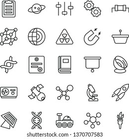 thin line vector icon set - pan vector, microscope, molecule, nuclear, dna, gears, settings, satellite, book, oscilloscope, magnet, clipboard, earth core, sun panel, antenna, saturn, rocket, patente