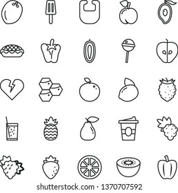 thin line vector icon set - bib vector, broken heart, apple pie, peper, Chupa Chups, coffe to go, a glass of soda, popsicle, honeycombs, peach, grape, branch, pear, tasty, raspberry, half mango