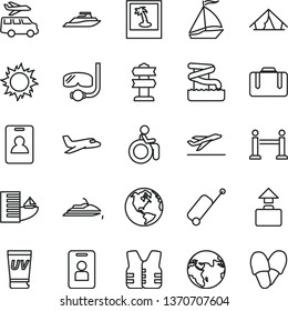 thin line vector icon set - earth vector, plane, sail boat, rope barrier, identity card, suitcase, rolling case, baggage, departure, hotel, tent, sun, uv cream, aquapark, diving mask, disabled