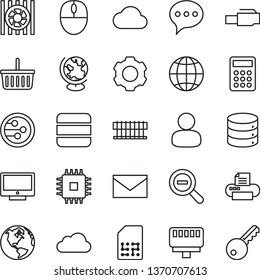 thin line vector icon set - envelope vector, grocery basket, zoom out, speech, earth, screen, big data, SIM, man, calculator, radiator fan, mouse, cpu, printer, network, lan connector, settings, key