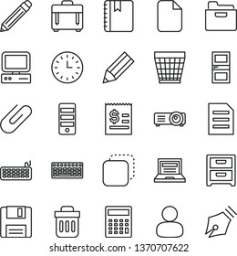 thin line vector icon set - laptop vector, wicker pot, graphite pencil, calculator, interroom door, notebook, case, folder, nightstand, clip, copy, man, article on the dollar, wall watch, computer