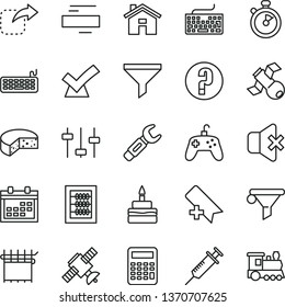 thin line vector icon set - house vector, calendar, add bookmark, keyboard, minus, question, new abacus, no sound, move right, cheese, birthday cake, cloth industry, steel repair key, filter, water