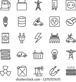thin line vector icon set - lightning vector, power socket type f, heating coil, electronic boiler, coffee beans, working oil derrick, gas station, barrel, accumulator, battery, bulb, line, pole