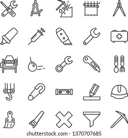 thin line vector icon set - cross vector, safety pin, bag of a paramedic, iron fork spoons, winch hook, concrete mixer, small tools, hand saw, plastic brush, building level, drawing, knife, core