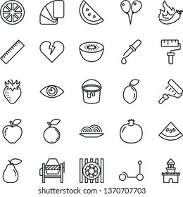 thin line vector icon set - paint roller vector, yardstick, colored air balloons, Kick scooter, concrete mixer, bucket, sample of colour, broken heart, eye, onion, orange slice, pomegranate, pear