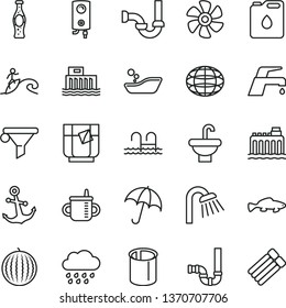 thin line vector icon set - mug for feeding vector, children's bathroom, rainy cloud, washbasin, shower, siphon, sewerage, faucet mixer, boiler, anchor, umbrella, small fish, a glass of tea, pipes