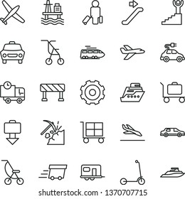 thin line vector icon set - truck lorry vector, cargo trolley, summer stroller, sitting, child Kick scooter, traffic signal, car, delivery, sea port, coal mining, electric, urgent, winner stairway