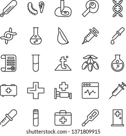 thin line vector icon set - first aid kit vector, plus, electronic thermometer e, mercury, bag of a paramedic, temperature, cardiogram, garlic, goji berry, round flask, research article, test tube