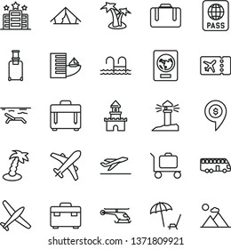 thin line vector icon set - suitcase vector, case, passport, coastal lighthouse, sand castle, helicopter, dollar pin, plane, bus, rolling, ticket, departure, hotel, tent, beach, palm tree, pool