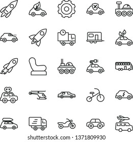 thin line vector icon set - truck lorry vector, Baby chair, motor vehicle, present, tricycle, delivery, eco car, environmentally friendly transport, electric, retro, autopilot, rocket, space, camper