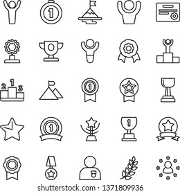 thin line vector icon set - star vector, pedestal, medal, winner, laurel branch, podium, prize, award, cup, gold, man hands up, with, motivation, mountain flag, first place, pennant, ribbon