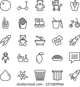 thin line vector icon set - image of thought vector, wicker pot, toy mobile phone, sand set, children's, deep plate with a spoon, teddy bear, small, baby train, child bicycle, Kick scooter, cabbage