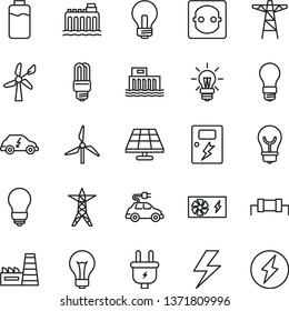 thin line vector icon set - lightning vector, matte light bulb, incandescent lamp, dangers, charge level, solar panel, windmill, wind energy, hydroelectric station, hydroelectricity, power line