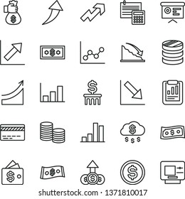 thin line vector icon set - bank card vector, growth up, graph, chart, negative, calculation, coins, column of, bar, recession, statistical report, dollar, financial, money bag hand, arrow, rain