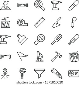 thin line vector icon set - yardstick vector, zoom, wind direction indicator, electronic thermometer e, mercury, drumroll, drum, trowel, cordless drill, long meashuring tape, construction level