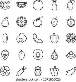 thin line vector icon set - peper vector, carrot, fried egg, strawberry, ripe peach, plum, rose hip, mulberry, tasty, slice of melon, water, date fruit, half cherry, lemon, juicy, passion, guava