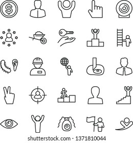 thin line vector icon set - woman vector, workman, garden trolley, employee, index finger, eye, lens, man in sight, dollar, bactery, artifical insimination, winner podium, carrer stairway, hands up