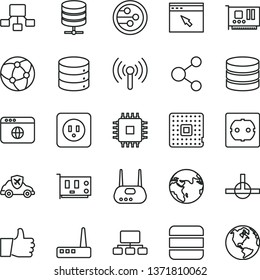 thin line vector icon set - power socket type b vector, f, thumb up, big data, server, autopilot, processor, connection, scheme, hierarchical, cpu, pc card, router, network, browser, connect, earth