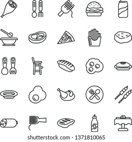 thin line vector icon set - plates and spoons vector, a chair for feeding child, plastic fork, iron, sausage, piece of pizza, burger, spaghetti, noodles, pie, plate, chicken, grill leg, bacon, chop