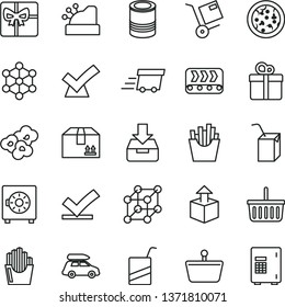 thin line vector icon set - grocery basket vector, e, packing of juice with a straw, put in box, strongbox, cardboard, gift, shipment, unpacking, tin, pizza, French fries, fried potato slices, safe