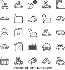 thin line vector icon set - horn vector, Baby chair, car child seat, summer stroller, motor vehicle, present, big solar panel, modern gas station, accumulator, battery, racer, canister, of oil, eco