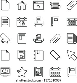 thin line vector icon set - clip vector, add bookmark, clean sheet of paper, book, books, home, calendar, star, notebook, statistical report, scientific publication, wall, newspaper, printer, coding