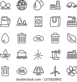 thin line vector icon set - bin vector, drop, bag with handles, solar panel, working oil derrick, leaves, leaf, gas station, windmill, hydroelectricity, trees, forest, industrial building, CO2