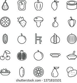 thin line vector icon set - a chair for feeding vector, canned goods, mini hot dog, mushroom, bowl of buckwheat porridge, plate fruit, sandwich, cherry, half pomegranate, grape, water melon, mango