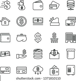 thin line vector icon set - purse vector, dollar, buildings, big data server, cards, jam, reverse side of a bank card, front the, column coins, denomination, get wage, wallet, cash, cashbox, rain