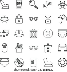 thin line vector icon set - mark of injury vector, spectacles, scales, toys over the cot, diaper, nappy, powder, Baby chair, car child seat, construction helmet, dust bin, lock, key, umbrella, safe