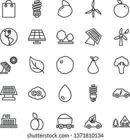 thin line vector icon set - saving light bulb vector, drop, cabbage, apple, pear, yellow lemon, delicious, broccoli, solar panel, big, leaf, windmill, wind energy, planet Earth, trees, eco car, bag