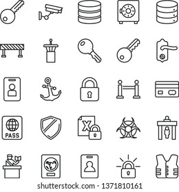 thin line vector icon set - key vector, door knob, road fence, lock, anchor, passport, big data, strongbox, reverse side of a bank card, encrypting, biohazard, airport tower, rope barrier, identity