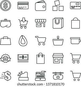 thin line vector icon set - paper bag vector, bank card, dollar, children's potty, cubes for children, cart, put in, with handles, kiosk, stick of sausage, shopping, basket, front the, wallet, purse
