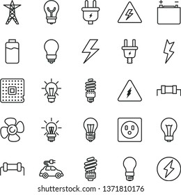 thin line vector icon set - lightning vector, danger of electricity, matte light bulb, saving, fan screw, charge level, accumulator, power line, plug, electric, socket, energy, car, processor