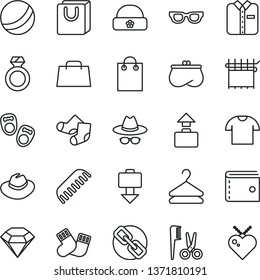 thin line vector icon set - purse vector, spectacles, hat, with glasses, bath ball, accessories for a hairstyle, comb, warm socks, Knitted, shoes little children, bag handles, T shirt, folded, hand