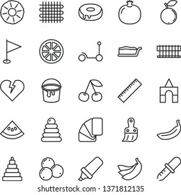thin line vector icon set - yardstick vector, pennant, stacking rings, toy, box of bricks, Kick scooter, paint bucket, sample colour, plastic brush, broken heart, cake slice, with a hole, cherry