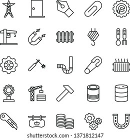 thin line vector icon set - clip vector, safety pin, iron fork spoons, crane, tower, hook, siphon, ntrance door, star gear, stationery knife, new radiator, hammer, tin, barrel, power line, magnet