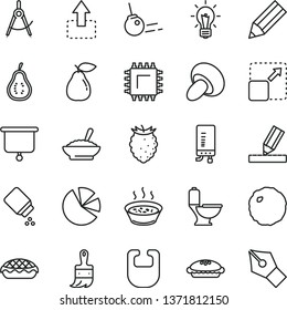 thin line vector icon set - baby powder vector, bib, wooden paint brush, toilet, drawing, electronic boiler, core, expand picture, move up, porcini, pie, apple, a bowl of buckwheat porridge, cabbage