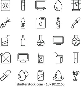 thin line vector icon set - vector e, packing of juice with a straw, drop, screen, glass soda, tea, can, bottle, liquor, round flask, oil, canister, monitor, test tube, pipette, champagne, cocktail