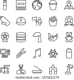 thin line vector icon set - sign of the planet vector, remove label, toys over cradle, teddy bear, box bricks, bucket, construction helmet, music, map, chili, French fries, charge level, manufacture