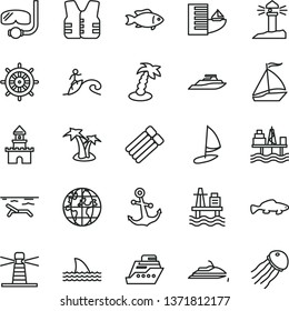 thin line vector icon set - anchor vector, small fish, sea port, commercial seaport, lighthouse, coastal, planet, sand castle, sail boat, hotel, beach, palm tree, diving mask, surfing, handwheel