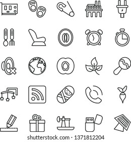 thin line vector icon set - sign of the planet vector, alarm clock, silent mode, rss feed, toys over cot, beanbag, car child seat, open pin, tumbler, iron fork spoons, shoes for little children