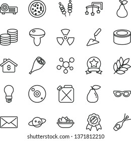 thin line vector icon set - toys over the cot vector, building trowel, coins, canned goods, fried vegetables on sticks, pizza, mushroom, a plate of fruit, grill chicken leg, pear, light bulb, cd
