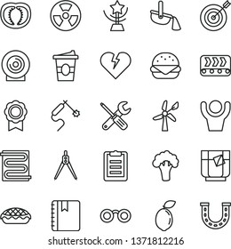 thin line vector icon set - small tools vector, heating coil, broken heart, notebook, lens, big burger, apple pie, coffe to go, a glass of tea, sour lime, half tomato, broccoli, wind energy, glasses